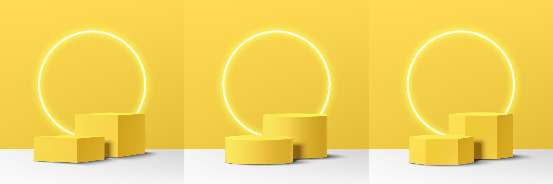 ensemble de podium de piédestal de cylindre, de cube et d'hexagone 3d jaune réaliste avec une lampe de cercle au néon brillant. scène minimale abstraite pour la vitrine des produits, l'affichage de la promotion. plate-forme géométrique vectorielle. vecteur