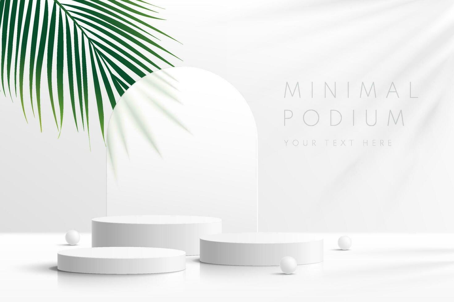 podium de piédestal de cylindre 3d blanc réaliste serti de feuille de palmier verte. scène minimale pour la vitrine des produits, l'affichage de la promotion. formes géométriques vectorielles dans l'ombre. conception abstraite de salle de studio propre. vecteur