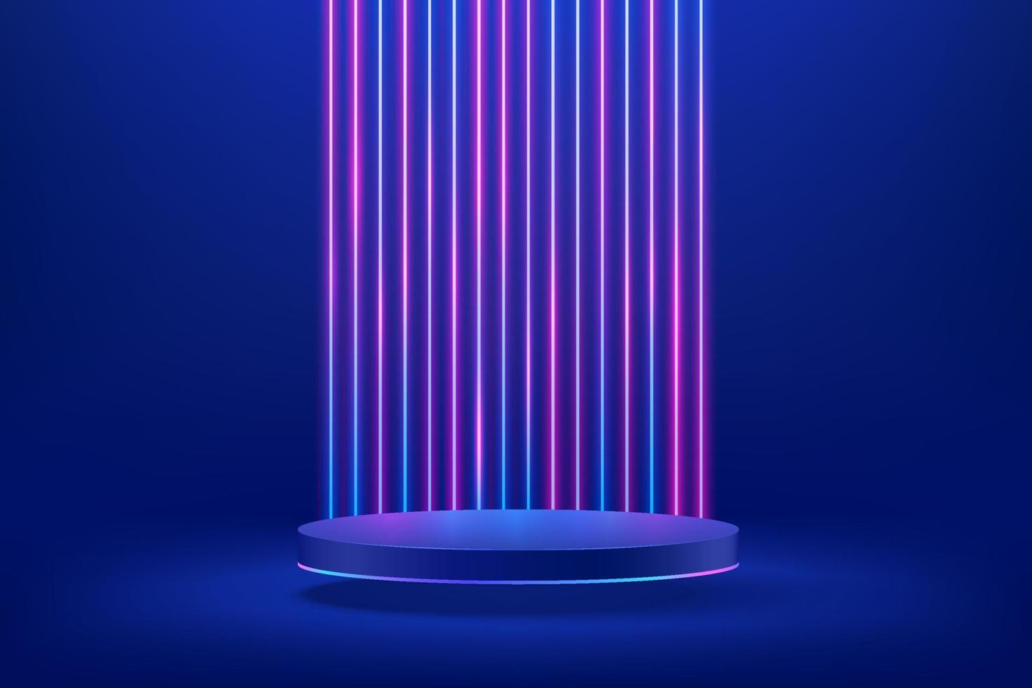 podium de piédestal de cylindre bleu brillant abstrait. concept de salle abstrait bleu sci-fi avec éclairage au néon rougeoyant vertical. rendu vectoriel forme 3d, présentation de l'affichage du produit. scène murale futuriste.