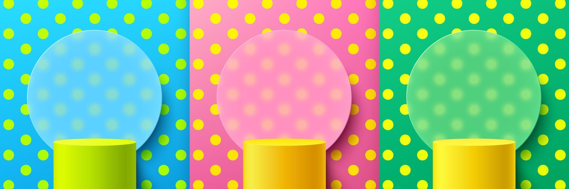 ensemble de podium de piédestal de cylindre jaune, vert, fond de motif à pois de couleur tendance avec fond de morphisme en verre circulaire. rendu vectoriel forme 3d, présentation de l'affichage du produit. scène abstraite.