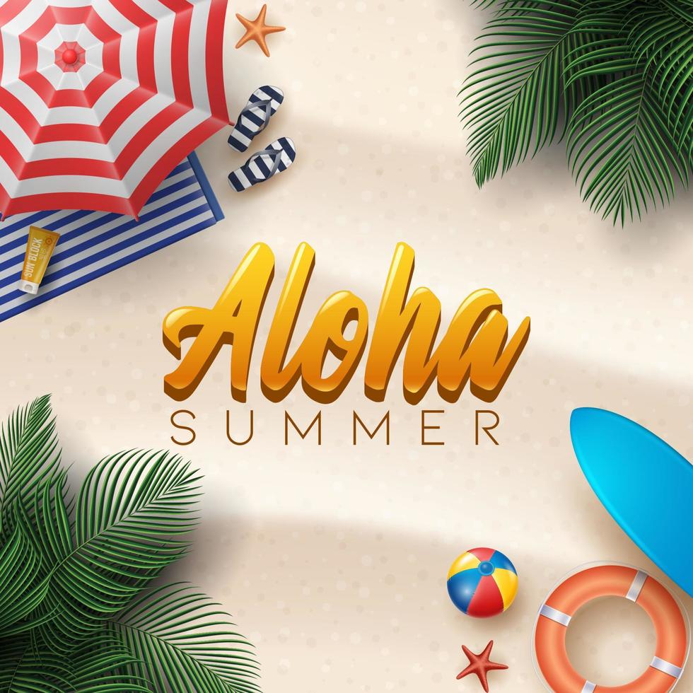 illustration vectorielle de vacances d'été avec ballon de plage, feuilles de palmier, planche de surf et lettre de typographie sur fond de sable de plage. vecteur