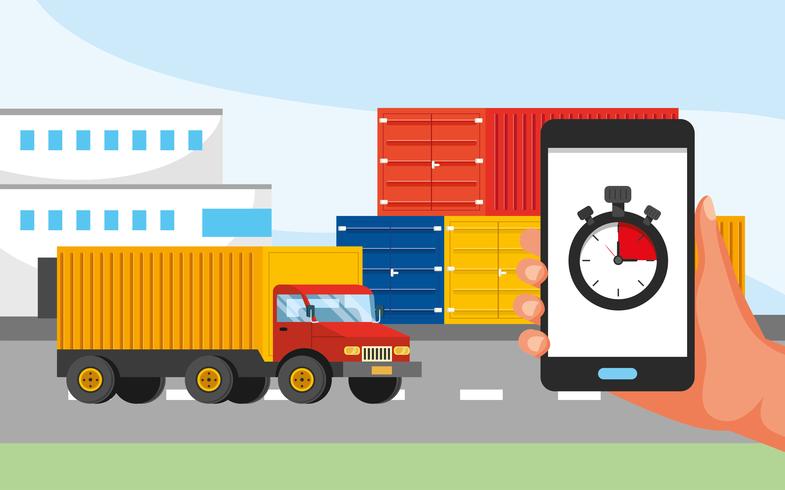 Service de camionnage avec main tenant le téléphone avec graphique chronomètre vecteur