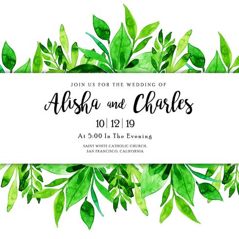 Carte d&#39;invitation de mariage feuilles aquarelle vecteur