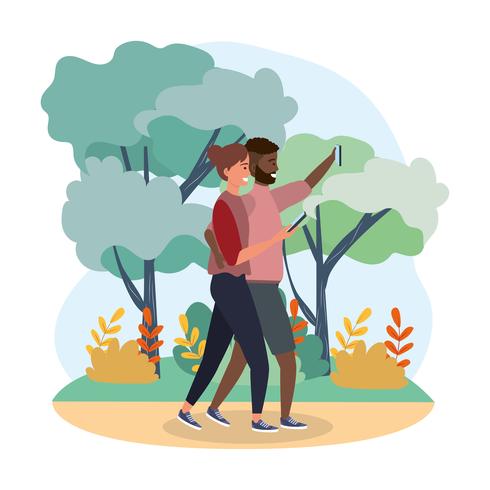Couple prenant selfie marchant dans les bois vecteur