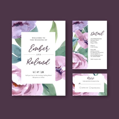 Jeu de cartes d&#39;invitation de mariage violet belle aquarelle Floral vecteur