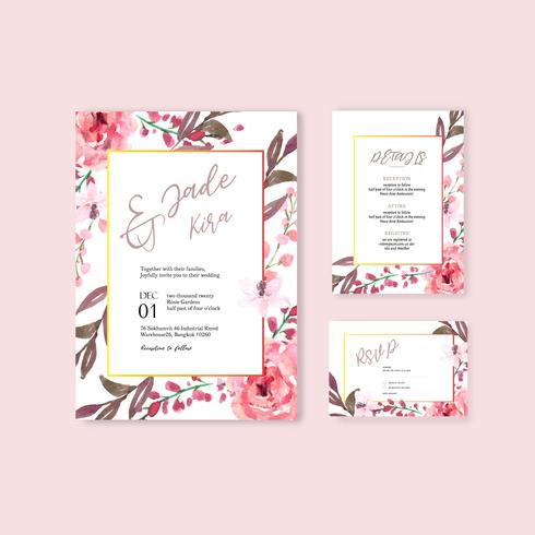 Set de cartes d&#39;invitation de mariage floral rose vecteur
