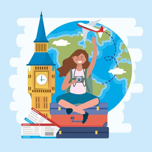 Femme touristique avec big ben et globe vecteur