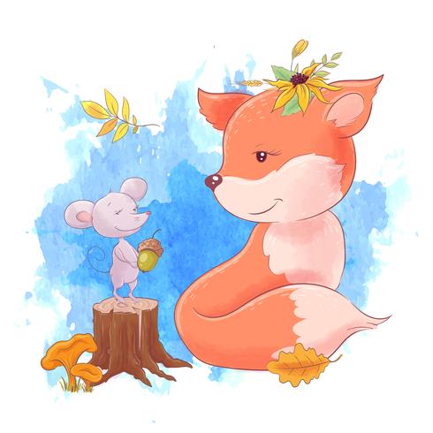 Renard de dessin animé mignon et souris, automne, feuilles. vecteur