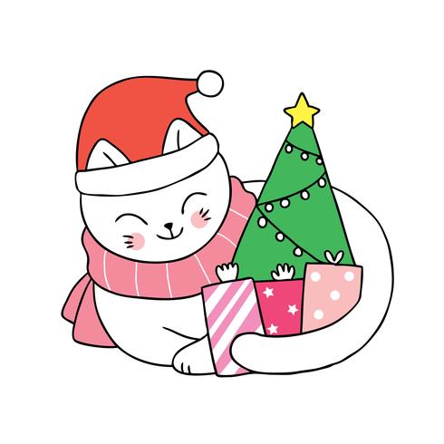 Chat Heureux Se Cachant Avec Des Bois De Cerf De Noël Dans Le Chapeau Du  Père Noël PNG , Illustration Dans Un Style Plat, Chat De Noël, Dessin Animé  De Chat Image