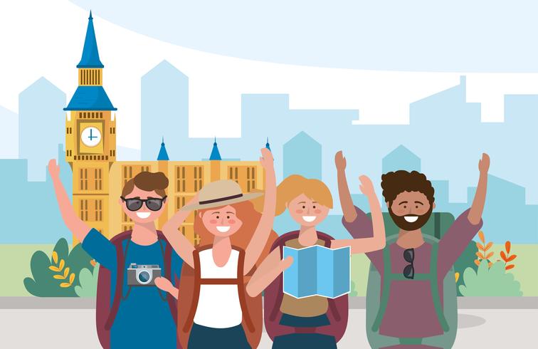 Groupe de touristes hommes et femmes de big ben vecteur