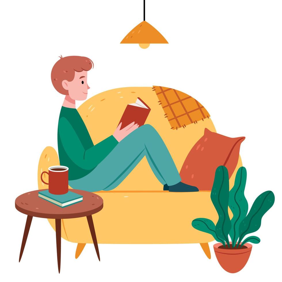 un homme en pyjama vert lit un livre.book club.cozy interior.literature.exam préparation. vecteur