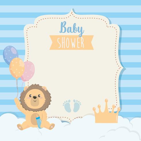 Carte de douche de bébé avec lion avec ballons vecteur