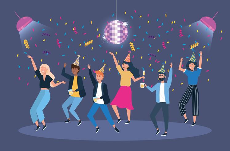 Hommes et femmes dansant sous une boule disco à la fête vecteur