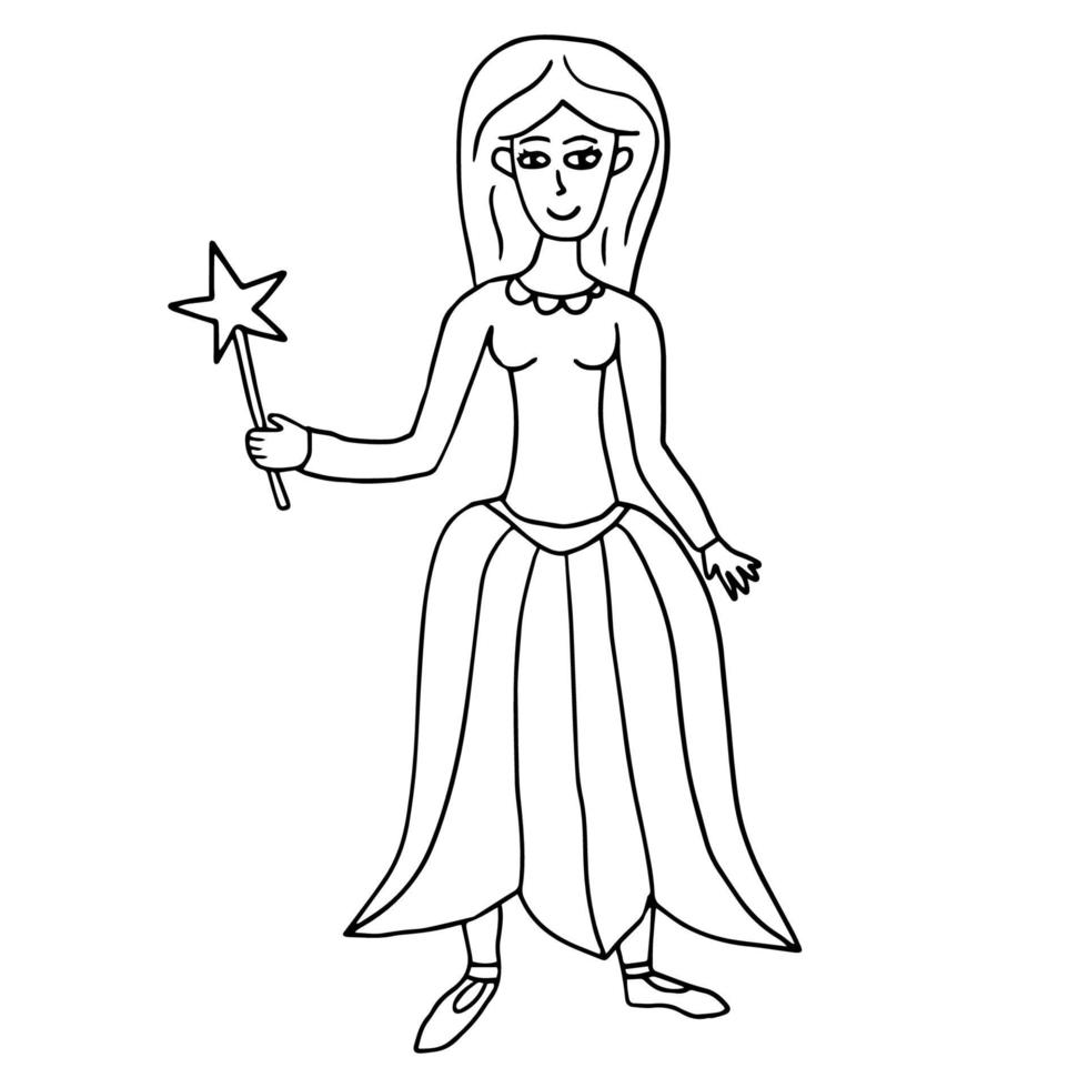 doodle princesse fée heureuse isolée sur fond blanc. belle robe historique. jeune femme avec baguette magique. vecteur