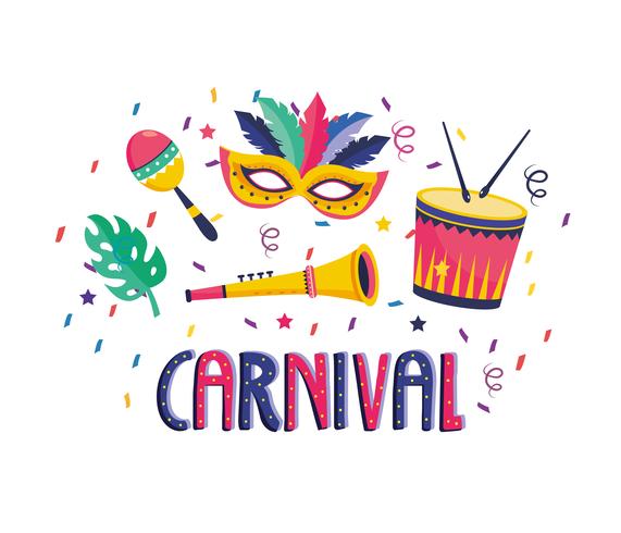 Affiche de carnaval avec masque, tambours, maracas et trompette vecteur