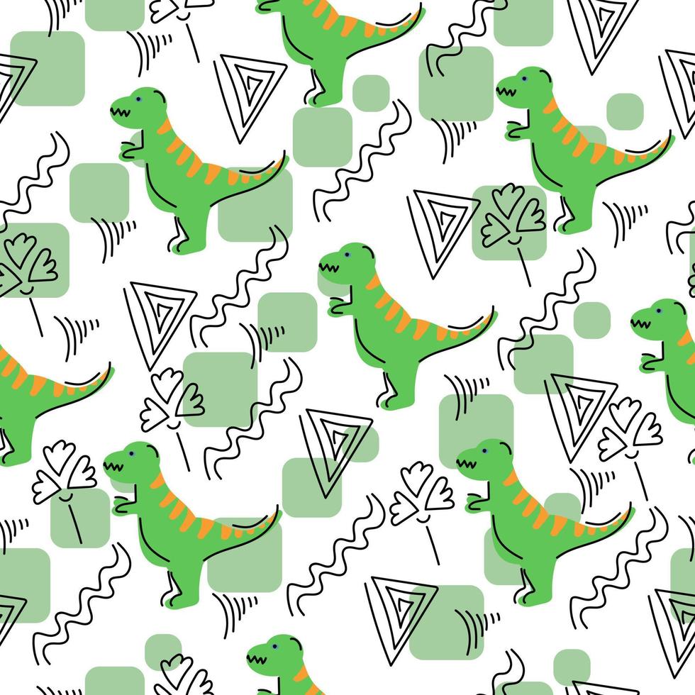 motif mignon avec des dinosaures et des griffonnages linéaires, des animaux de dessin animé en vert sur fond blanc vecteur
