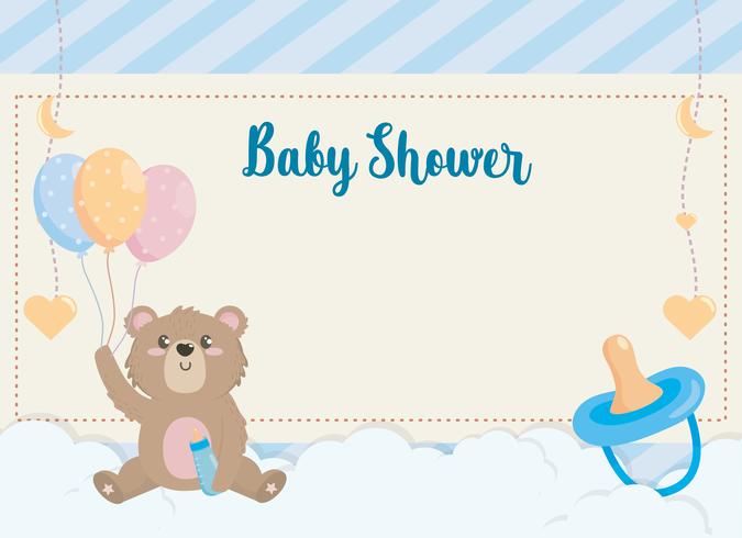 Carte de douche de bébé avec ours en peluche tenant des ballons vecteur