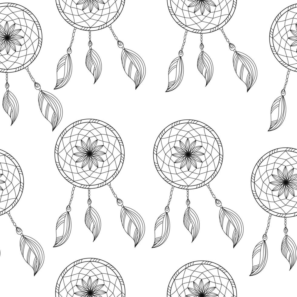 modèle sans couture de dreamcatcher, mascottes de contour sur fond blanc vecteur