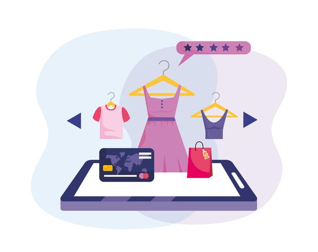 Technologie de magasinage en ligne avec carte de crédit et vêtements vecteur