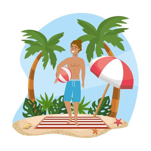 Homme en maillot de bain tenant un ballon de plage sur la plage vecteur