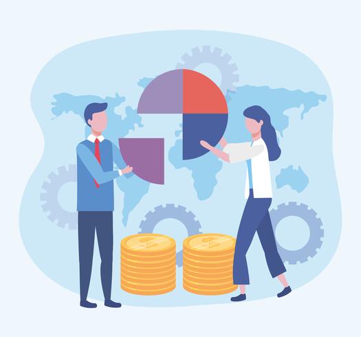 Homme d&#39;affaires et femme d&#39;affaires avec diagramme et pièces de monnaie vecteur