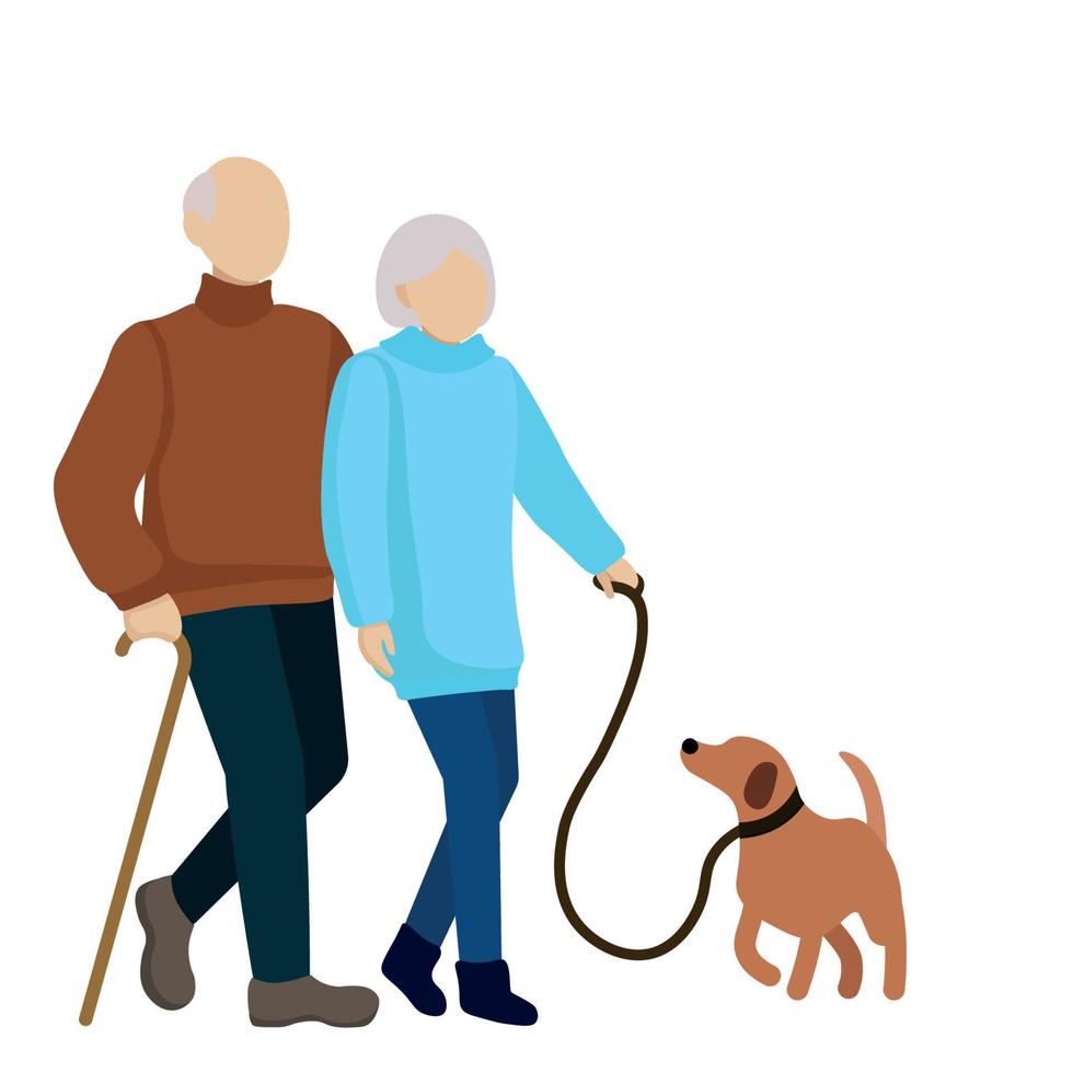 couple de personnes âgées promenant leur chien, vecteur plat, isoler sur fond blanc, personnes sans visage