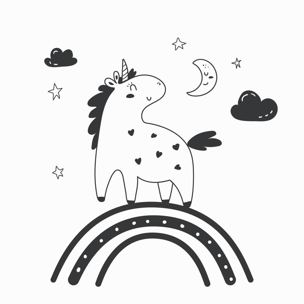 licorne sur arc-en-ciel dans un style doodle. illustration dessinée à la main. vecteur