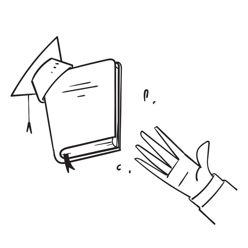 les mains de doodle dessinés à la main atteignent ou jettent pour le vecteur d'illustration de chapeau de livre et de graduation isolé