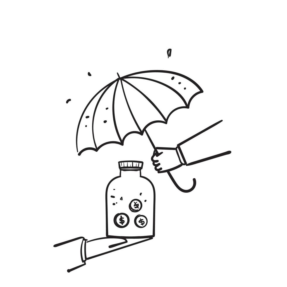 argent doodle dessiné à la main et symbole de parapluie pour l'icône d'illustration de protection financière isolée vecteur