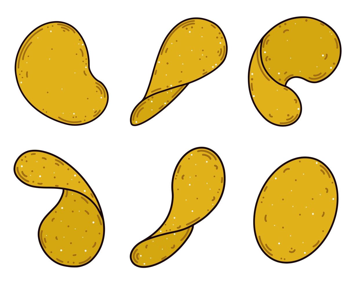 un ensemble de croustilles de pommes de terre ou de maïs. illustration isolée sur fond blanc. tranches croustillantes de légumes frits. icônes vectorielles. collation dessinée à la main. style de dessin animé plat. vecteur