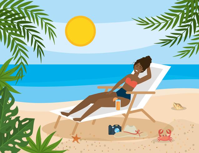 Femme afro-américaine en chaise de plage sur le sable vecteur