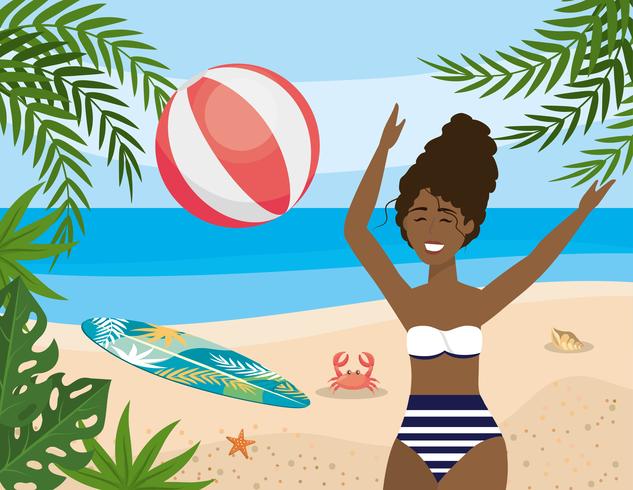 Femme afro-américaine jouant avec un ballon de plage vecteur