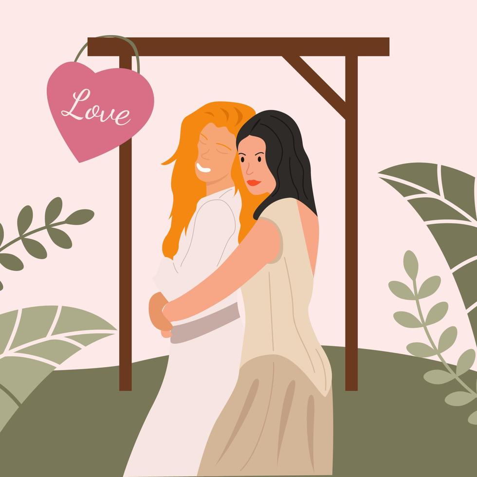 deux femmes lesbiennes en robes de mariée sont heureuses et fiancées. illustration vectorielle beige. vecteur