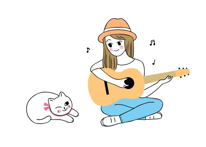 femme jouant de la guitare et chat vecteur