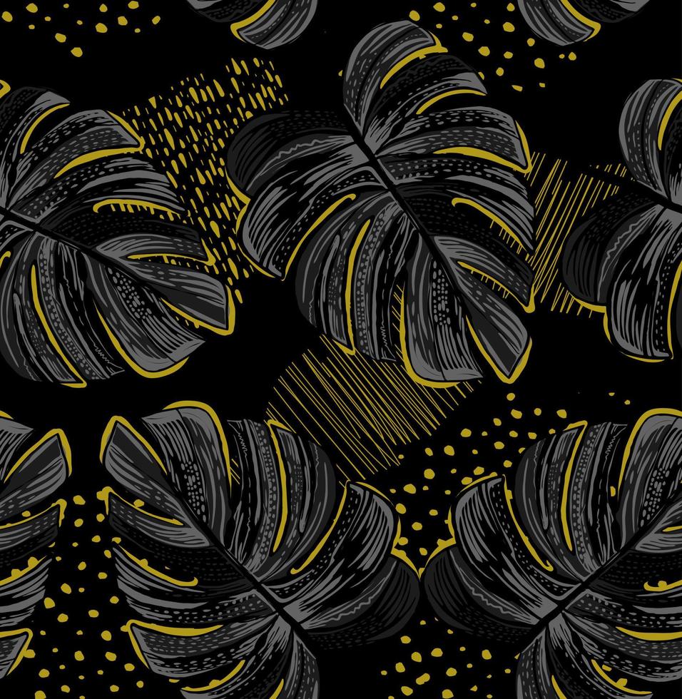 motif tropical élégant dans des couleurs sombres. conception graphique transparente avec des feuilles de monstera étonnantes. vecteur