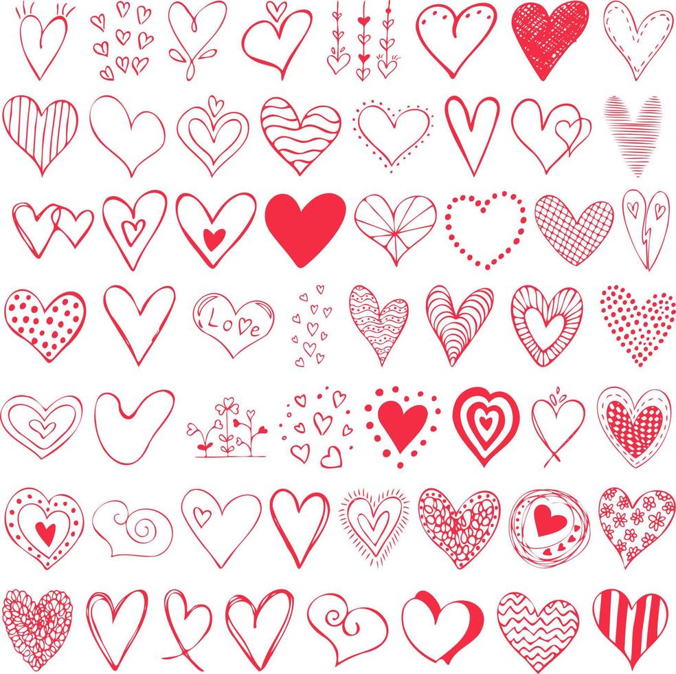 collection de coeurs rouges dans un style doodle. illustration dessinée à la main pour la saint valentin vecteur