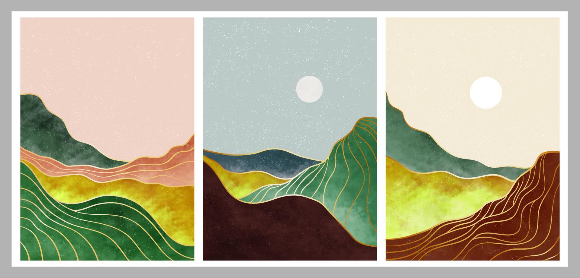 ensemble d'illustrations minimalistes créatives peintes à la main du milieu du siècle moderne. fond de paysage abstrait naturel. montagne, forêt, mer, ciel, soleil et rivière vecteur