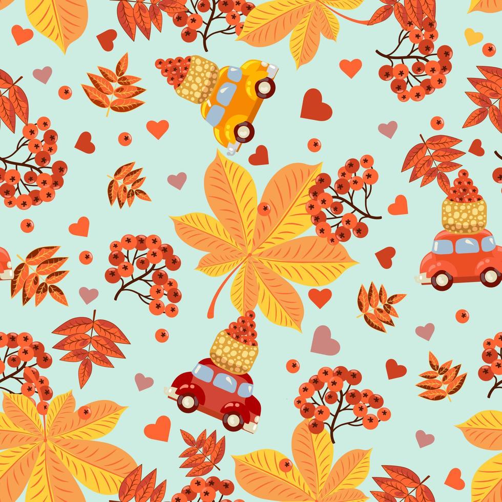 modèle sans couture avec baies rouges, coeurs, voitures, paniers de baies et feuilles d'automne de fleurs orange, rouges et jaunes sur fond bleu. vecteur