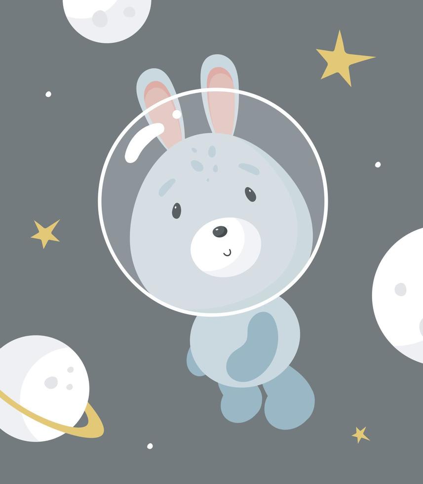 lapin mignon dans l'espace. style bande dessinée. illustration vectorielle. pour les trucs pour enfants, cartes, affiches, bannières, livres pour enfants, impression sur le pack, impression sur vêtements, tissu, papier peint, textile ou vaisselle. vecteur