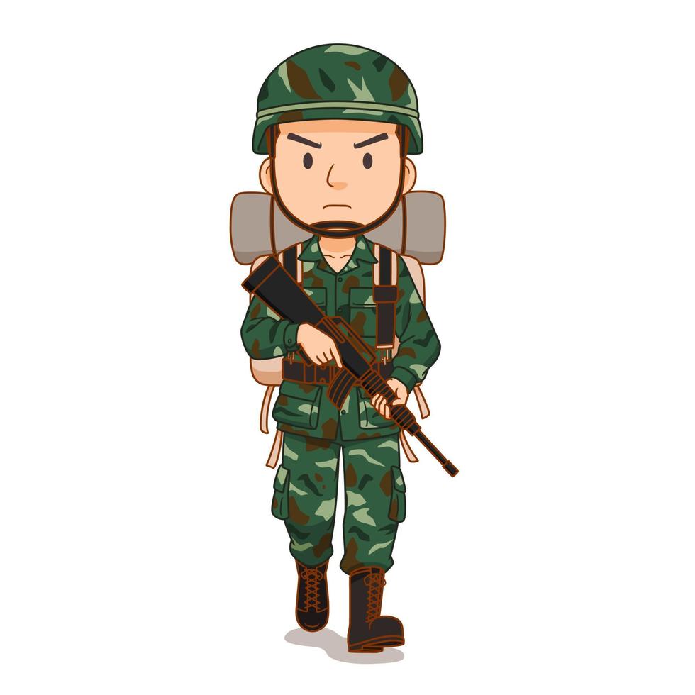 personnage de dessin animé de soldat tenant une arme à feu. vecteur