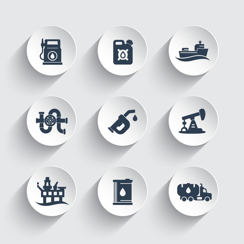 ensemble d'icônes de l'industrie pétrolière, station-service, bidon d'essence, buse d'essence, pictogrammes vectoriels de plate-forme de production d'huile vecteur