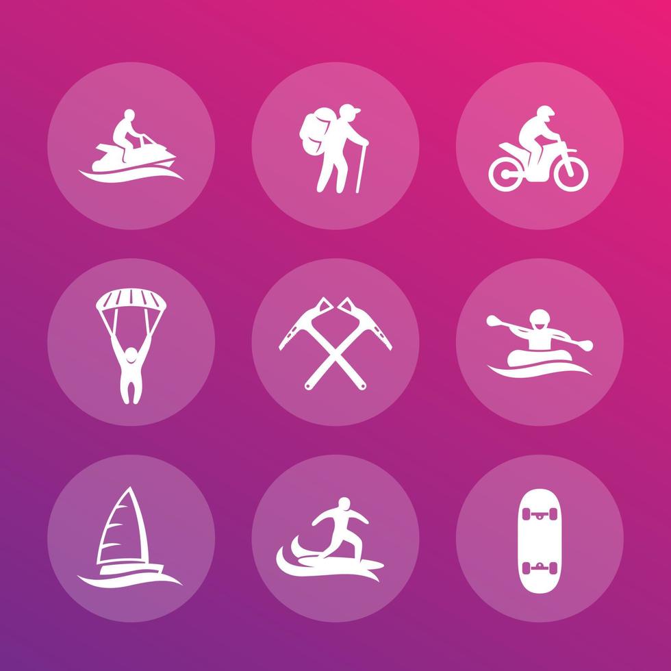 ensemble d'icônes d'activités de plein air extrêmes, parachutisme, voile, alpinisme, surf, course vecteur