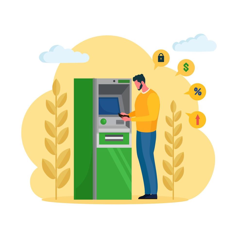 terminal bancaire atm. client homme debout près de la machine de lecteur de carte de crédit et retirer de l'argent. conception de dessin animé de vecteur