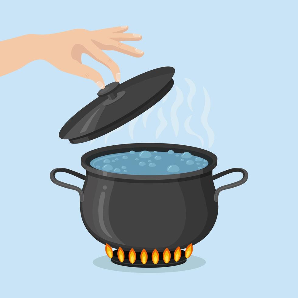 eau bouillante dans une casserole. marmite sur cuisinière avec eau, vapeur, feu. conception de vecteur