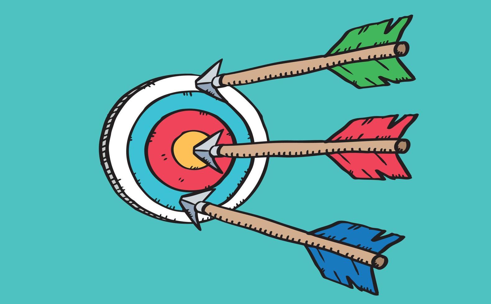 illustration vectorielle colorée de style dessin animé de trois flèches à l'intérieur de l'anneau cible. vecteur