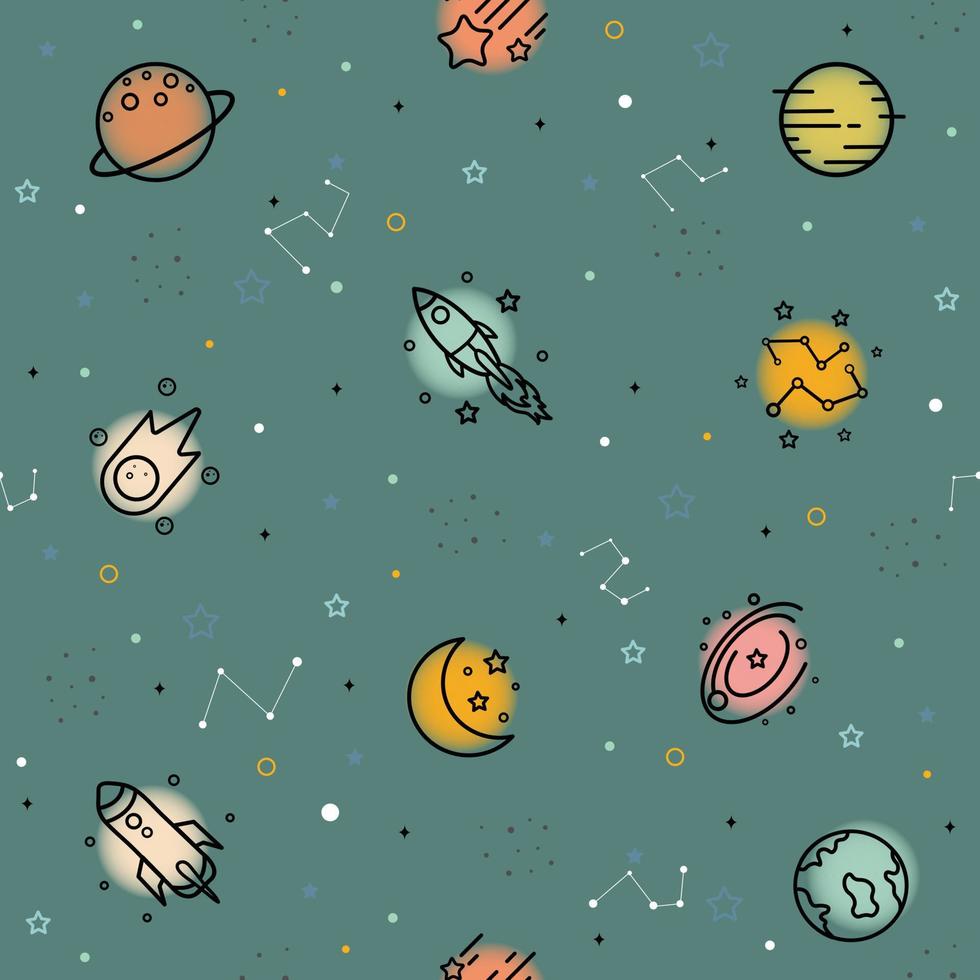 joli motif harmonieux pour enfants images d'arrière-plan d'étoiles, de planètes et de concepts de conception de vaisseaux spatiaux utilisés pour l'impression, les textiles, les modèles de vêtements pour enfants, l'emballage cadeau. illustration vectorielle vecteur