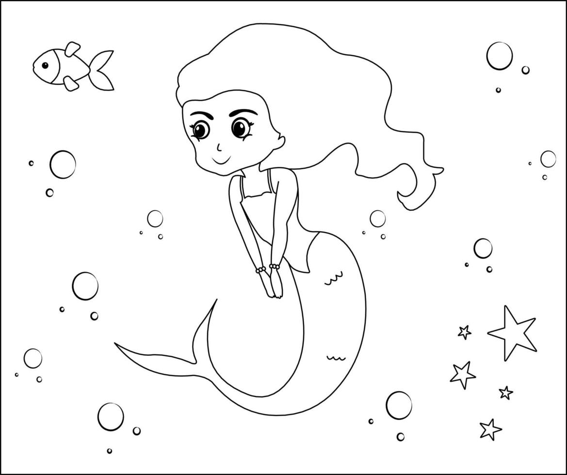 page de coloriage de sirène 25, jolie sirène avec des poissons rouges, herbe verte, bulles d'eau sur fond, page de coloriage vectorielle en noir et blanc. vecteur