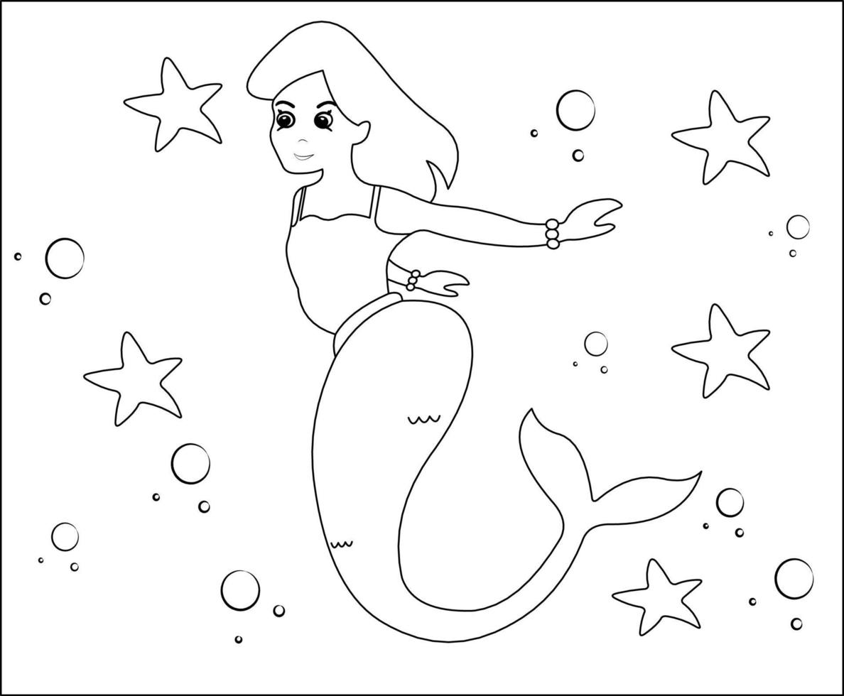 page de coloriage de sirène 19, jolie sirène avec des poissons rouges, herbe verte, bulles d'eau sur fond, page de coloriage vectorielle en noir et blanc. vecteur