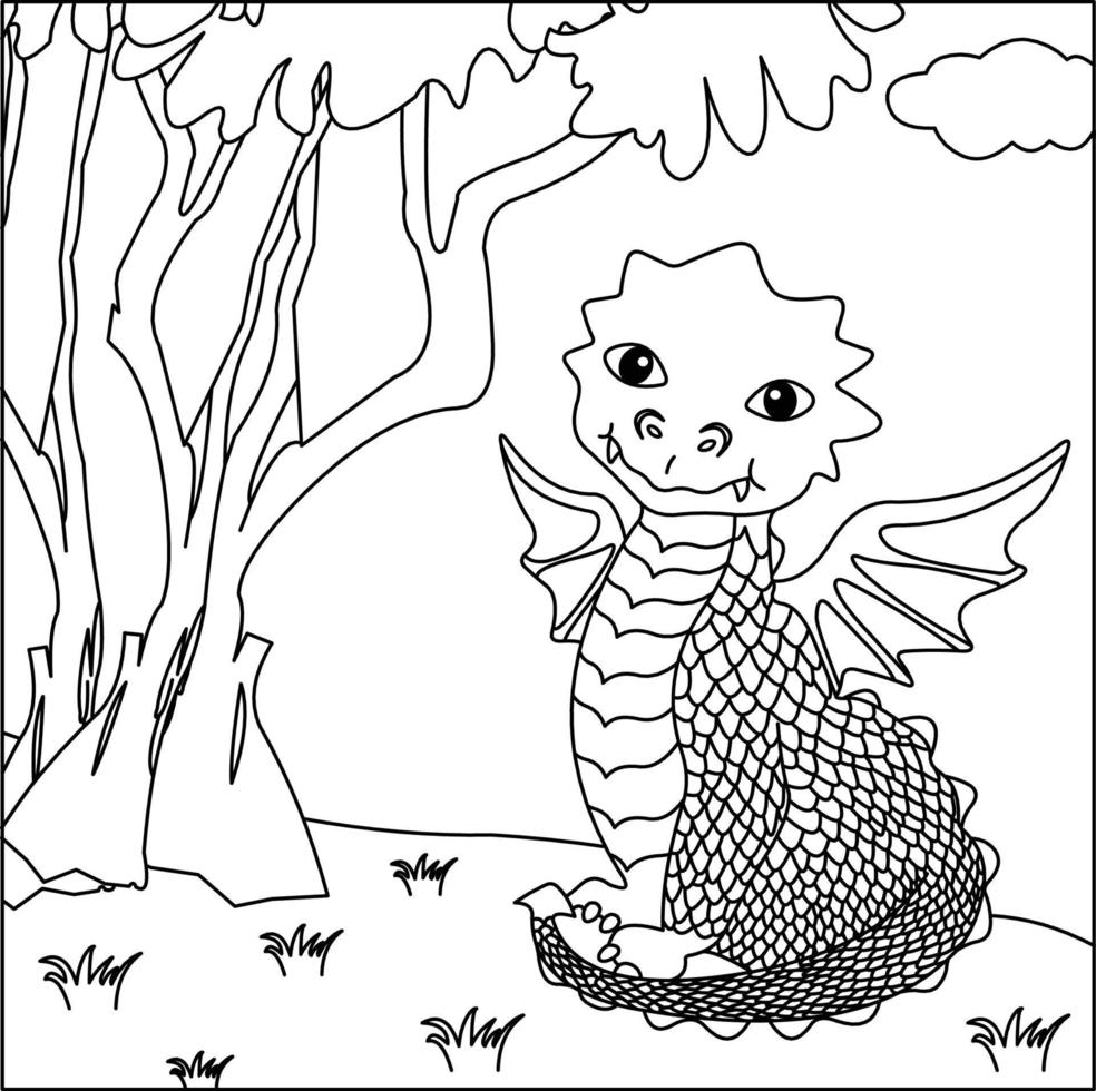 dragon coloriage page 41. dragon mignon avec nature, herbe verte, arbres sur fond, page de coloriage noir et blanc de vecteur. vecteur