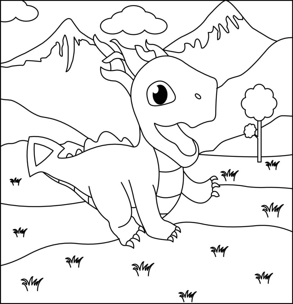 dragon coloriage page 11. dragon mignon avec nature, herbe verte, arbres sur fond, page de coloriage noir et blanc de vecteur. vecteur